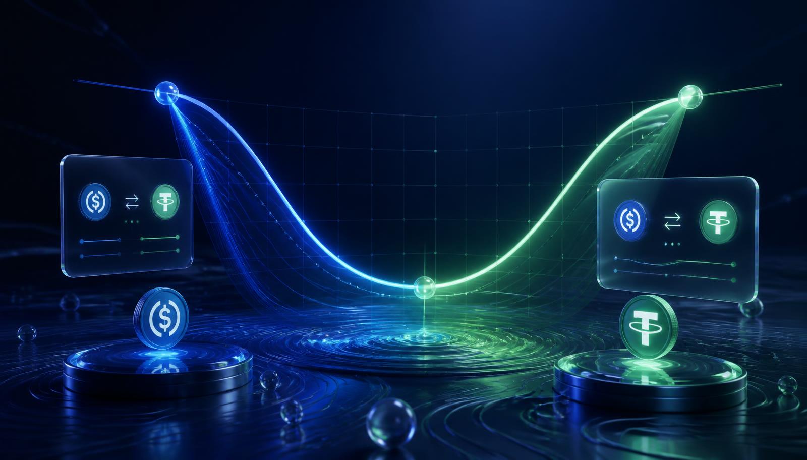 Curve Finance StableSwap liquidity curve visualised with stablecoin swap panels